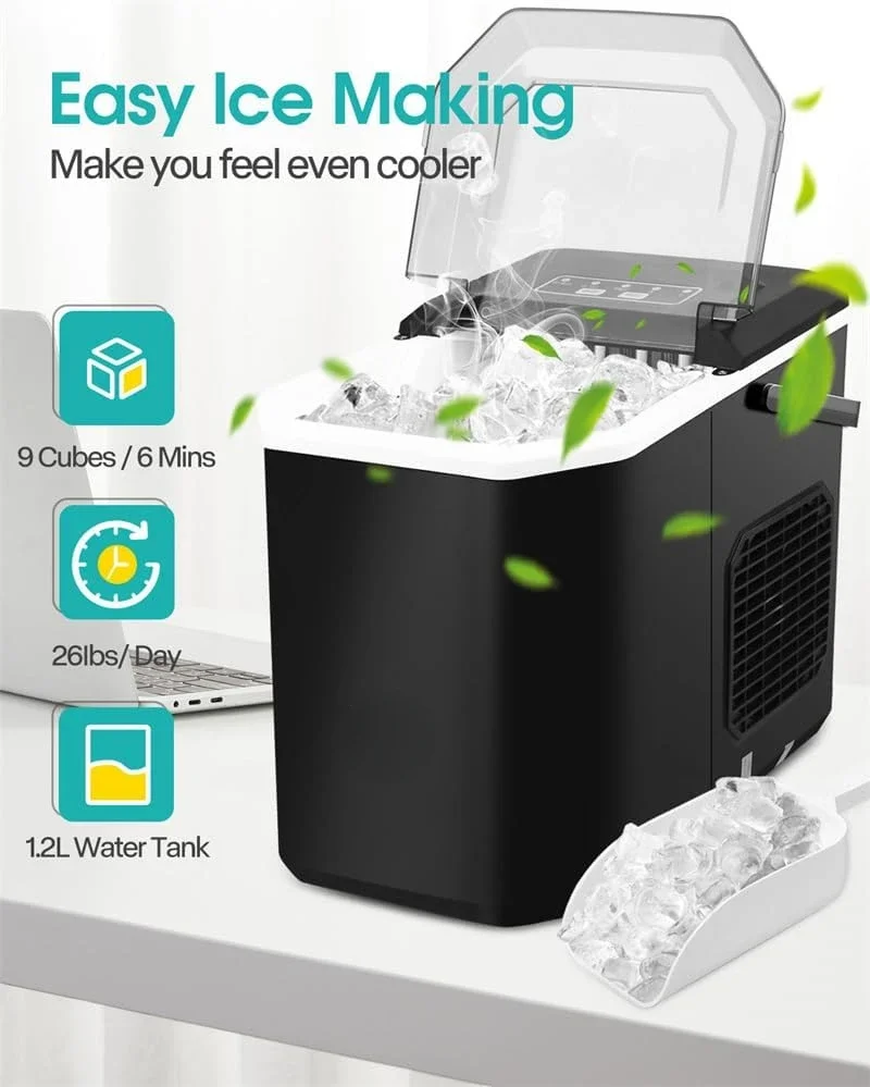 Efficient Self-Cleaning Ice Maker for Countertop Use, Produces 9 Cubes in Just 6 Minutes, Capable of Making 26 lbs of Ice per Da