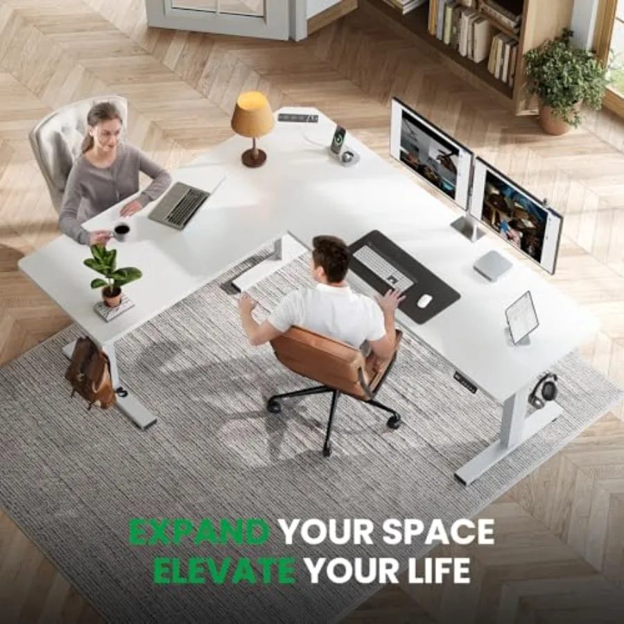 L-Shaped Standing Desk with Charging Station for Home Office, Steel Frame, Matte Black, Height-Adjustable and Cable Management