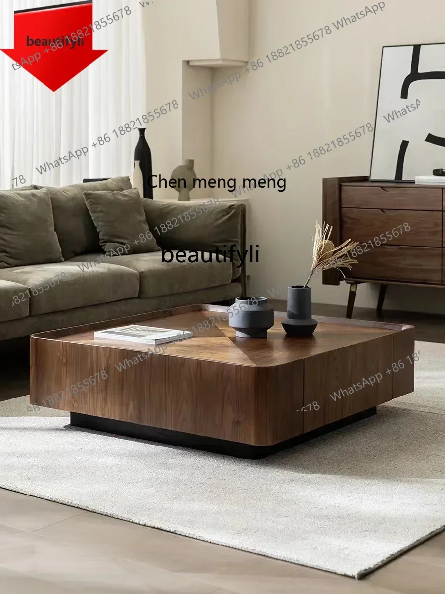 

32 Nordic Minimalism Small Apartment Light Luxury Living Room Walnut Color Square Storage Solid Wood Tea TableA