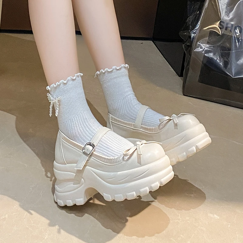 

Wedding oes Thi Heel Mary Janes Pearl Embellied High Heels Slip-On Casual Sle Leather Upaded Glueing Proc Anti-Slip