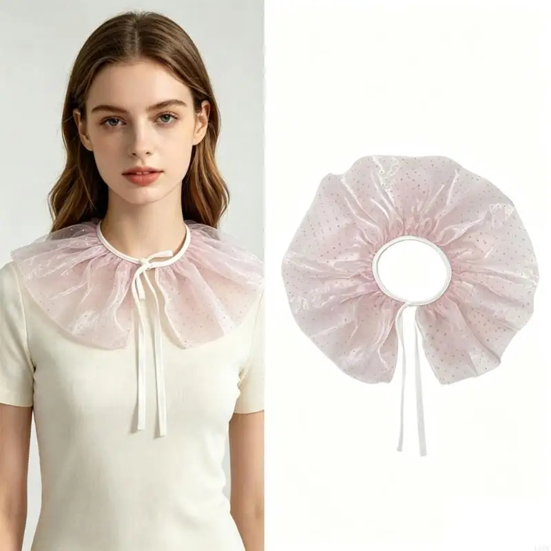 Detachable Mesh Faux Collar Dot Detail Sheer Collar Overlay Tie Front Statement Neckline Accent for Layered Looks Y166