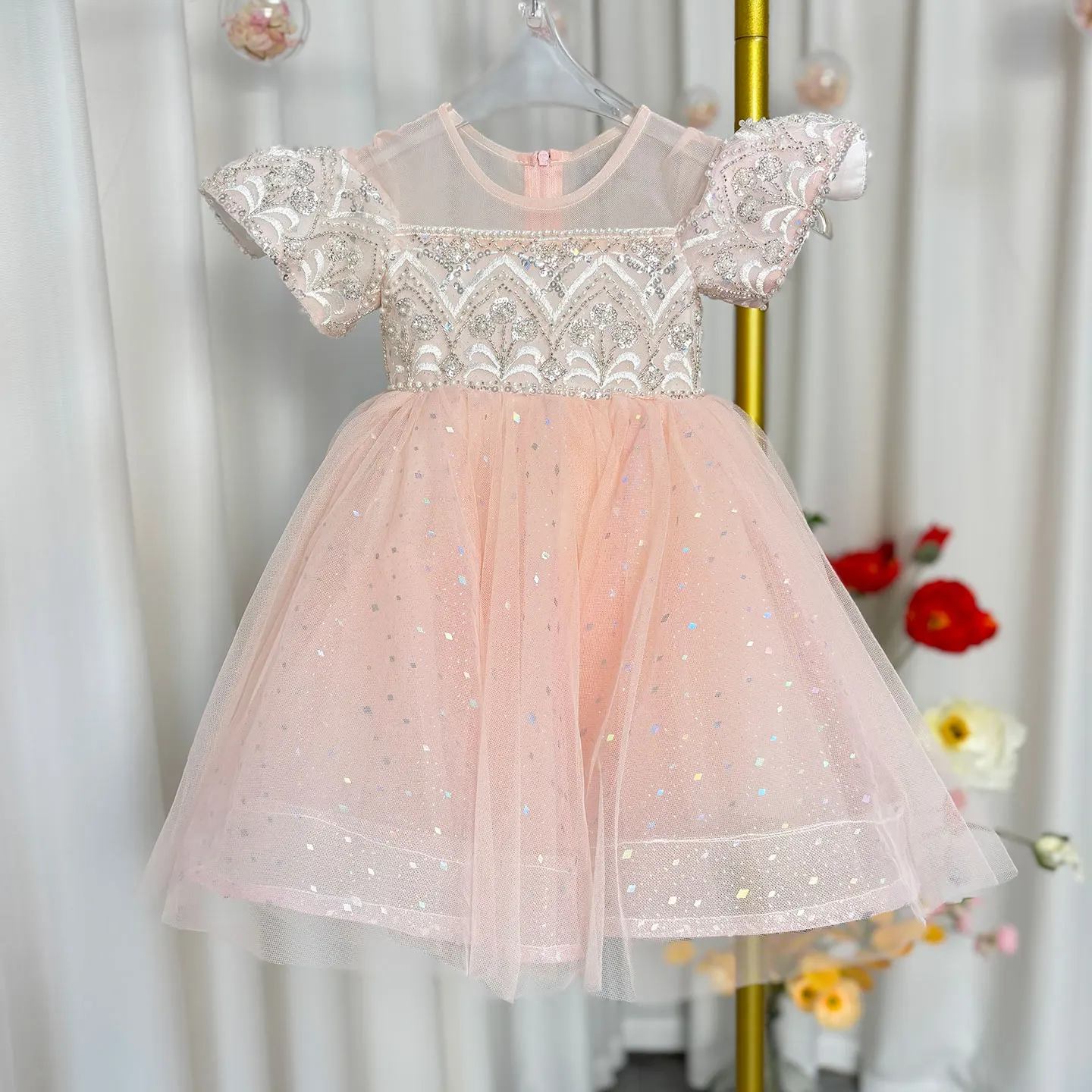 Jill Wish Luxury Dubai Coral Girl Dress Pearls Beading Princess Baby Kids Wedding Birthday Party Prom Gown Holy Communion J231