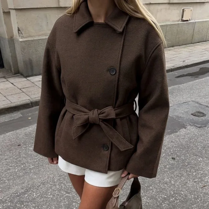 Temperament lapel belt bow waist short coat women's new winter models