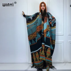 WINYI kimono print hooded winter cardigan outfits Women long down dress Loose coat Female kaftan poncho fashion Abaya kimono