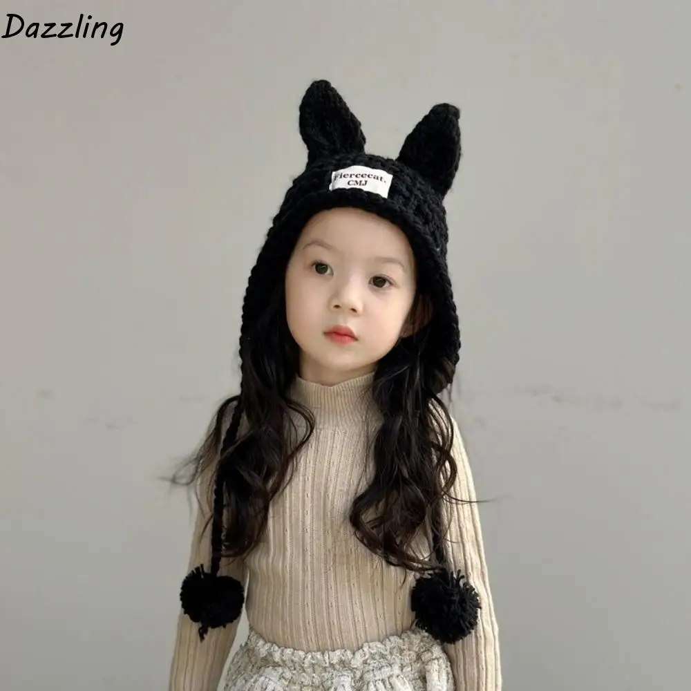 

Fashion Solid Color Baby Crochet Hat Rabbit Ear Autumn Winter Hand Knitted Cap Soft Warm Outdoor Ear Protection Cap Girls