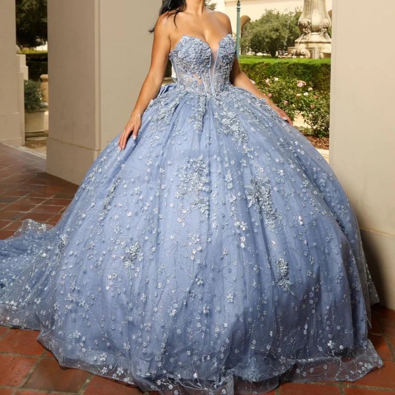 

Blue Shiny Quinceanera Dresses Off The Shoulder Applique Lace Beading Tull Party Birthday Sweet 16 Dress Vestidos 15 De Anos