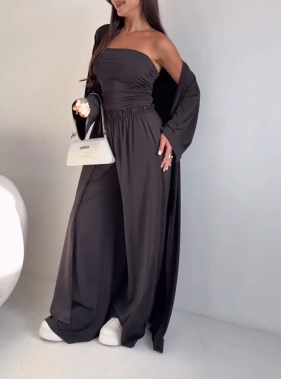 سترة صوفية طويلة بلون سادة وقميص بدون أكمام كاجوال بدون حمالات مع خصر عالي وسراويل واسعة الساق، طقم عصري مكون من 3 قطع