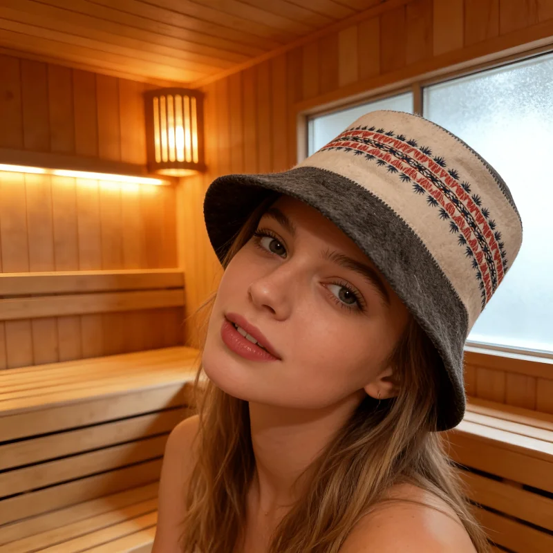 1/2pcs Wool Felt Sauna Hat, Gray-White-Gray Color Block Top Bath Cap with Red and Black Embroidery  for Saunas