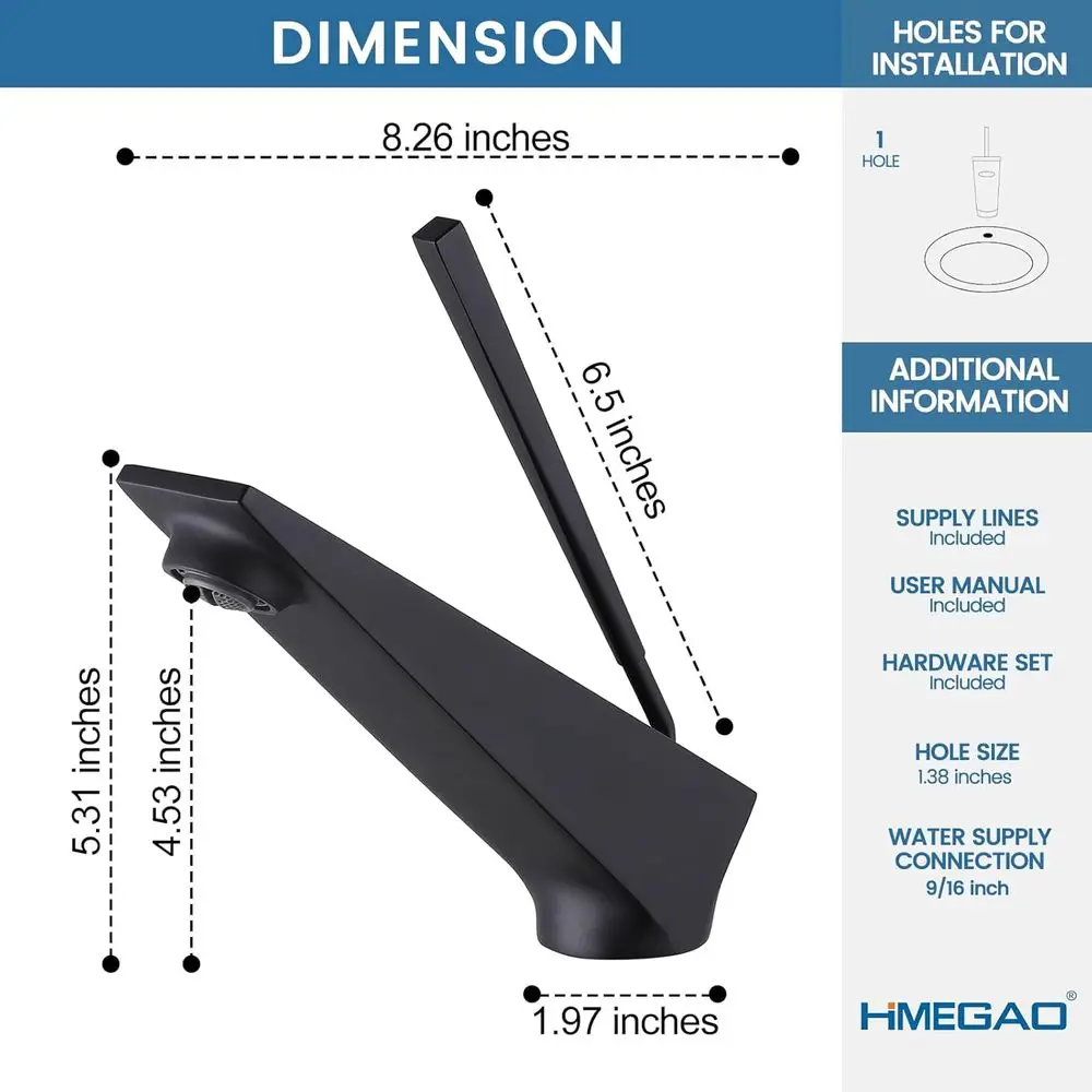 صنبور نحاسي حديث بمقبض واحد باللون الأسود غير اللامع لأحواض ذات فتحة واحدة، مناسب للمراشفات والزراويل الداخلية والمركبات الترفيهية