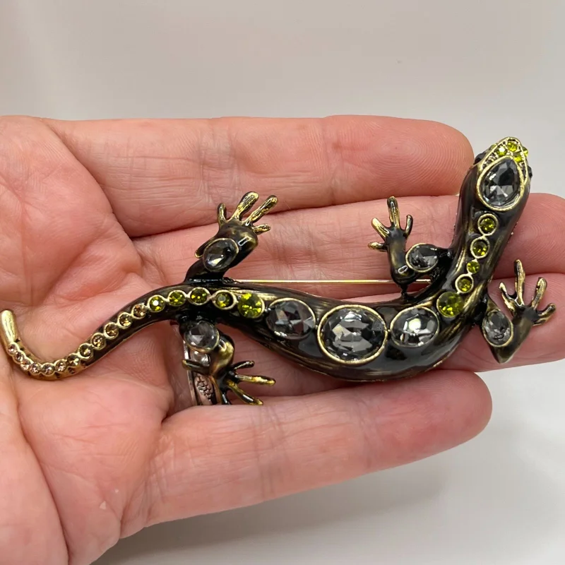 SALAMANDER BROOCH Pin Gray Green Rhinestone Black Enamel Costume Jewelry