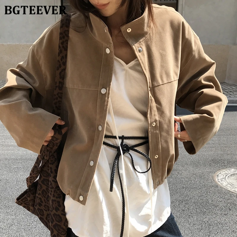 

BGTEEVER стильные женские однобортные базовые пальто с длинными рукавами и свободными карманами, осенне-зимние модные женские куртки с воротником-стойкой