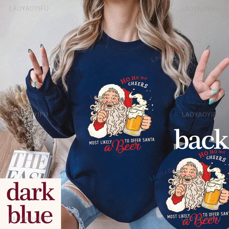 Mujer más simpática de ofrecer Santa una cerveza impresa sudadera creativa Feliz Navidad ropa de calle hombro caído cálido Sudadera con capucha Unisex