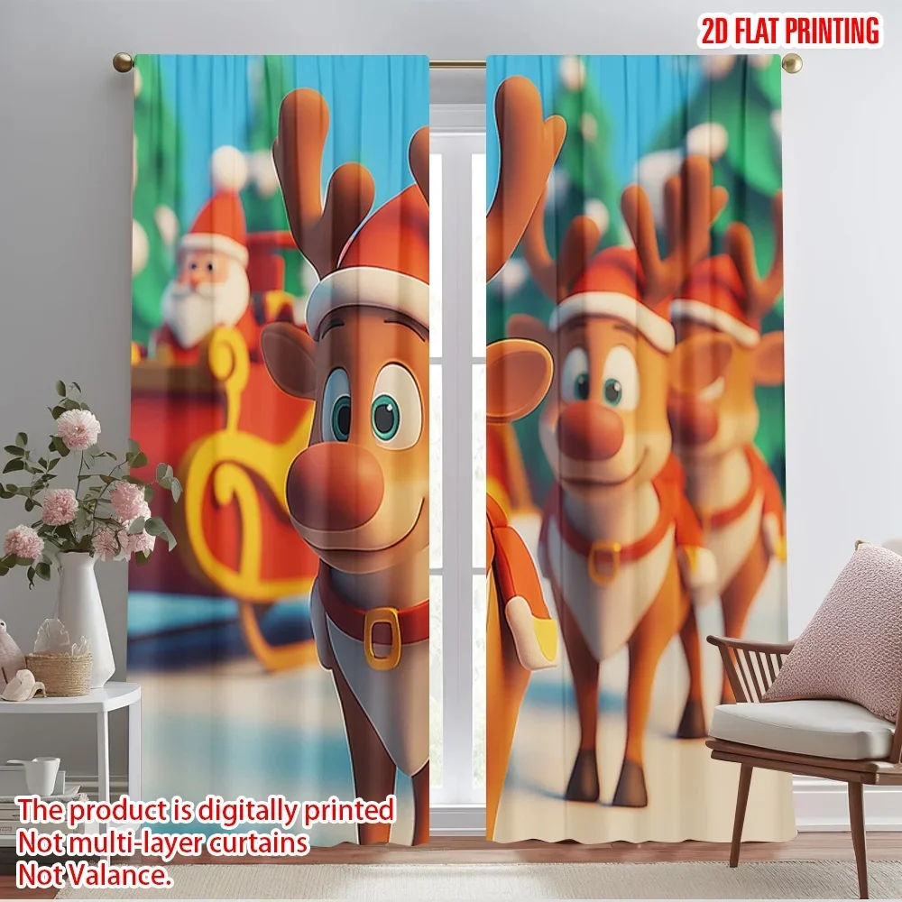 2pcs,2D plane printing Pattern Curtains Cute Reindeer Christmas Sleigh (3) Polyester Fabric (without rod) Decorations Inside Use