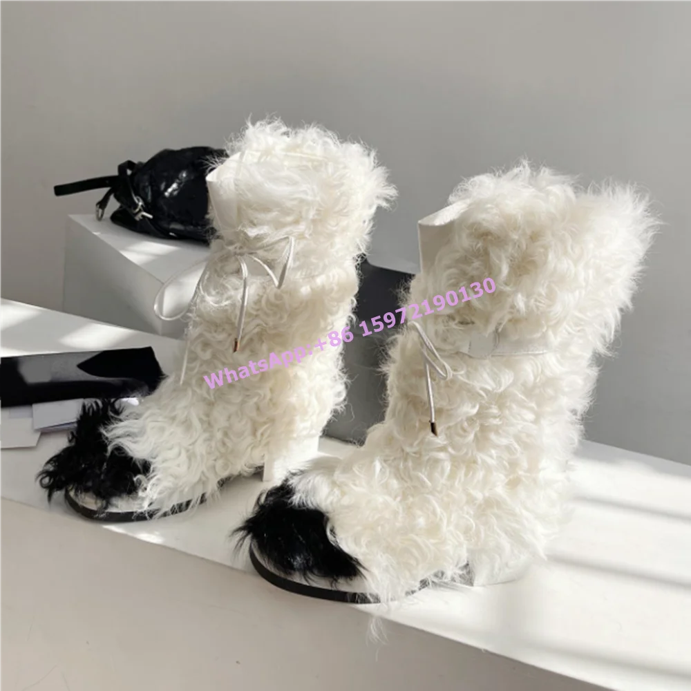 

Furry Knee High Snow Boots Round Toe Chunky Heels Lace Up Black White Slip On Shoes Women's Sweet Mixed Color Mid Calf Boots