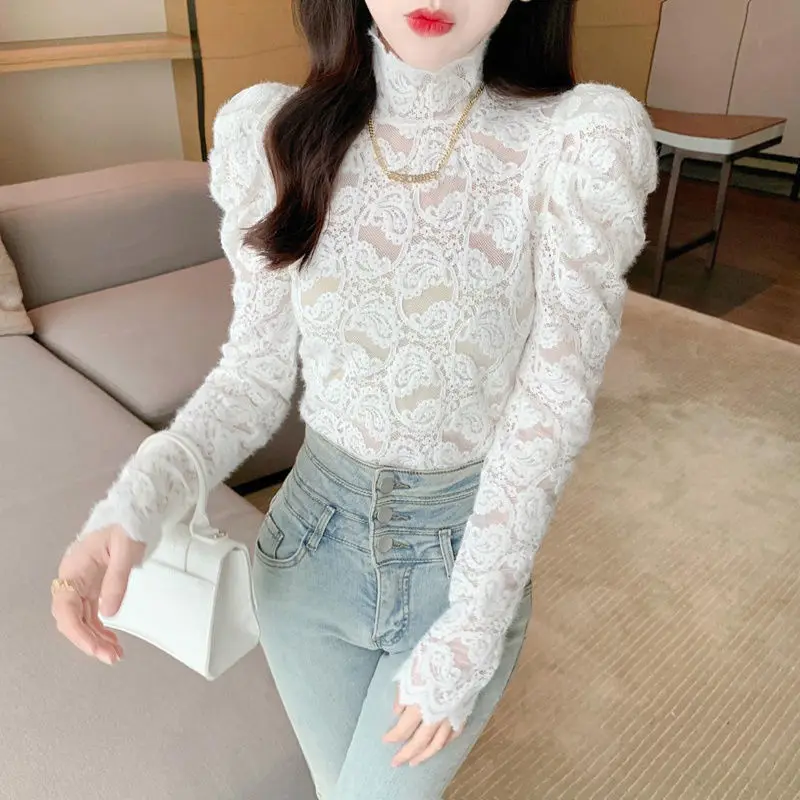 2023 Autumn Winter New Solid Color Fashion Blouse Women Turtleneck Elegant Long Sleeve Pullovers High Street Lace All-match Tops