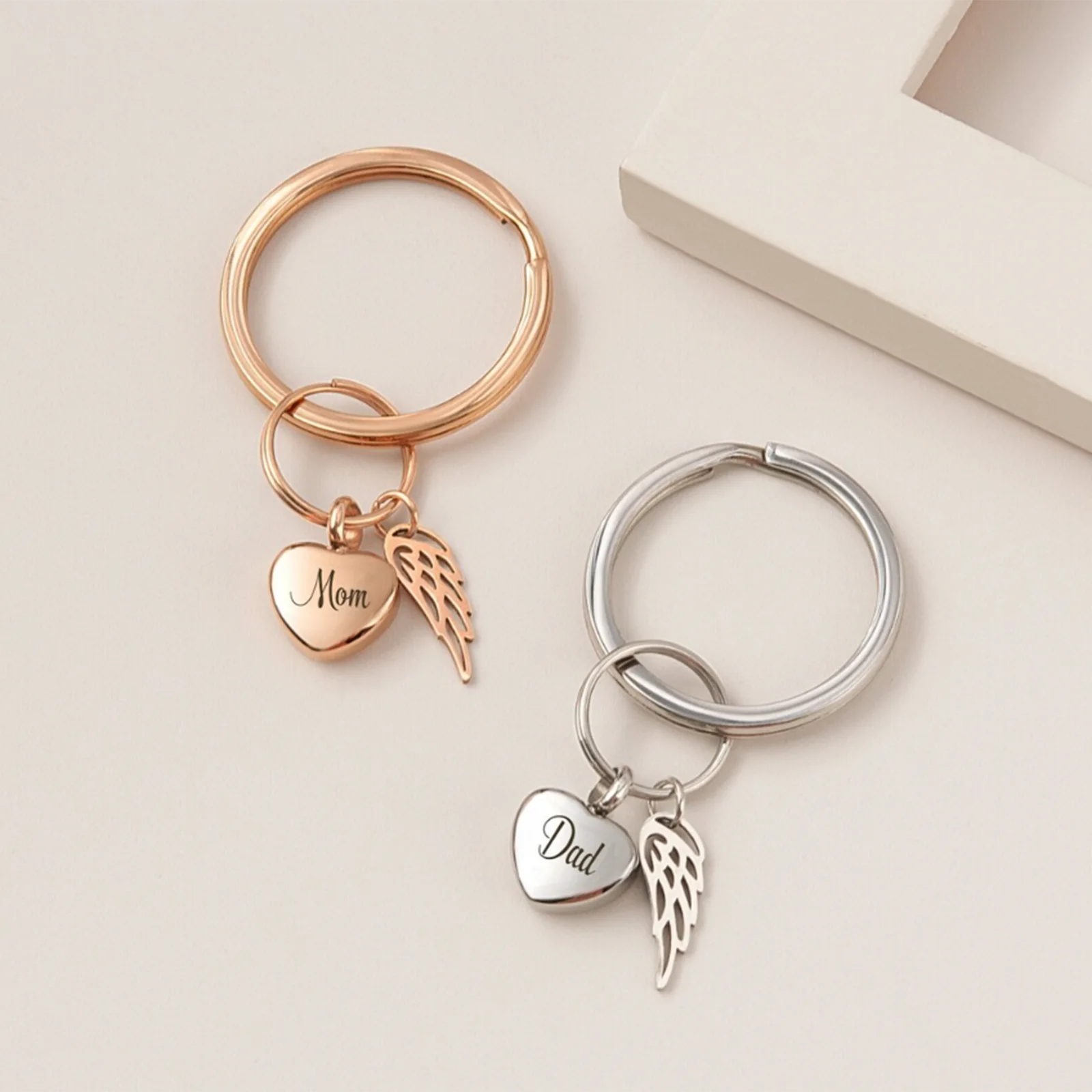 Personalized Stainless Steel Cremation Keychain for Human/Pet Ashes Mini Heart Urn with Angel Wing Keepsake Urn Keyring 3 Colors