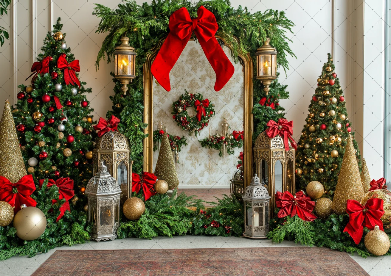 Golden Christmas Photo Frame Background Photography Xmas Tree Wreath Lantern Candle Red Bow Backdrop Winter Kids Photo Studio