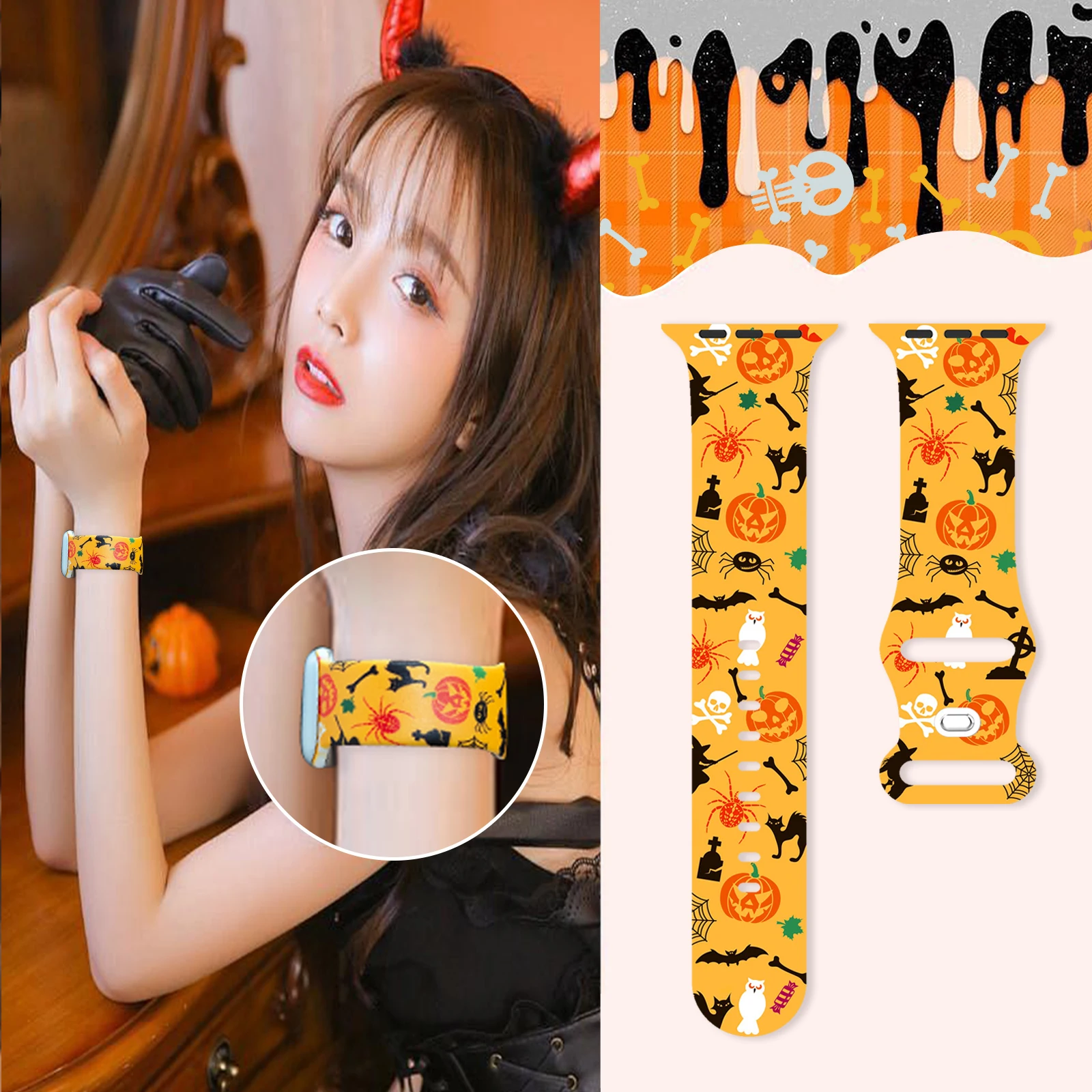 Halloween Pumpkin Ghost Strap for Apple Watch 10 9 8 7 Silicone Band Replaceable Bracelet for iWatch 46mm 42mm Watchband