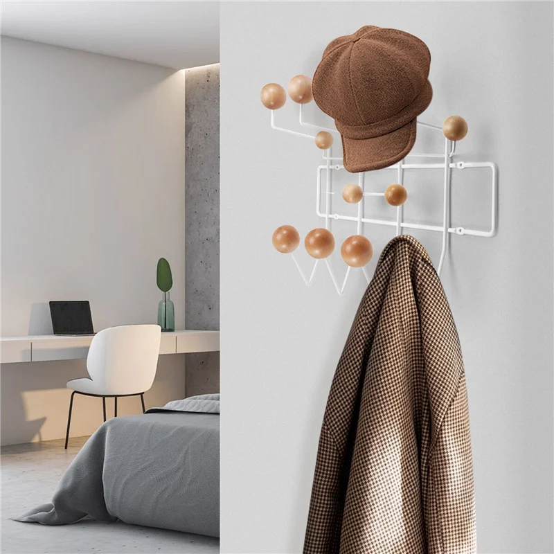 

A26I-Iron Coat Rack With Solid Wood Ball Wall Hook Simple Coat Rack