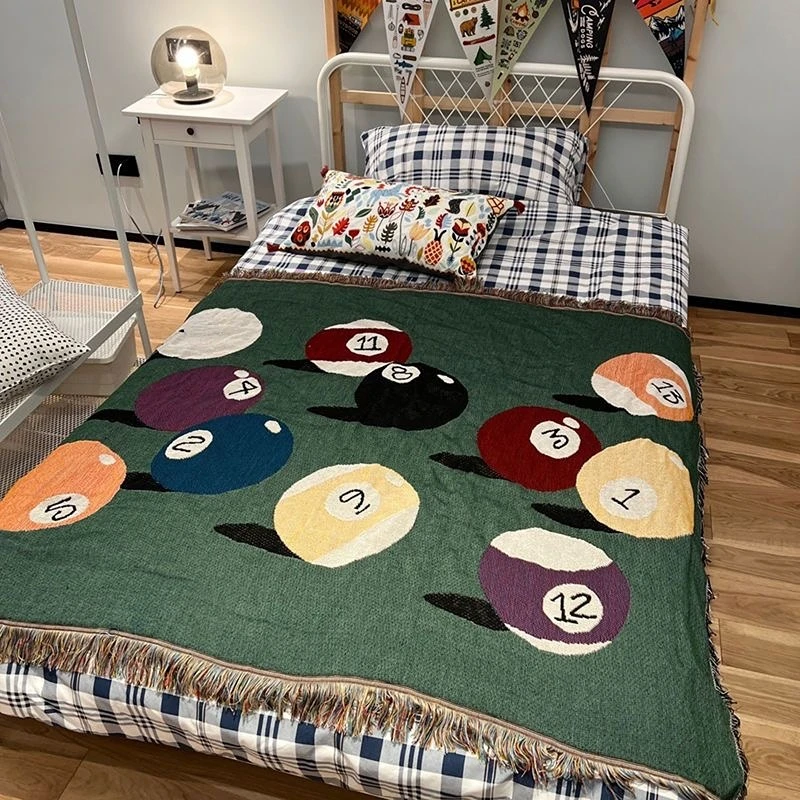 Billiard Balls Pattern Fringed Throw Blanket Retro Pool Balls Themed Woven Couch & Bed Blanket Game Room Decorative Throw