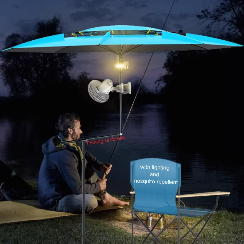 Large Tilting Outdoor Fishing Parasol With LED Light And Mosquito Repellent, Camping Sunshade Canopy Umbrella