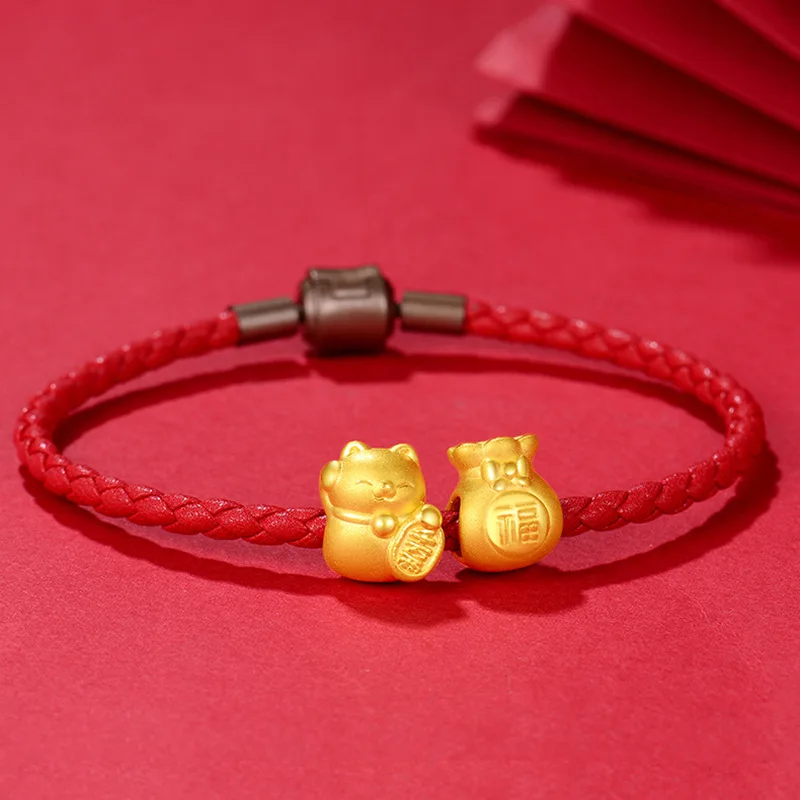 1PCS Pure Gold Bracelet For Women Luck Cat Blessing Bag Red Leather String Lover Link Real 24K Yellow Gold Jewelry 16-19cmL Gift