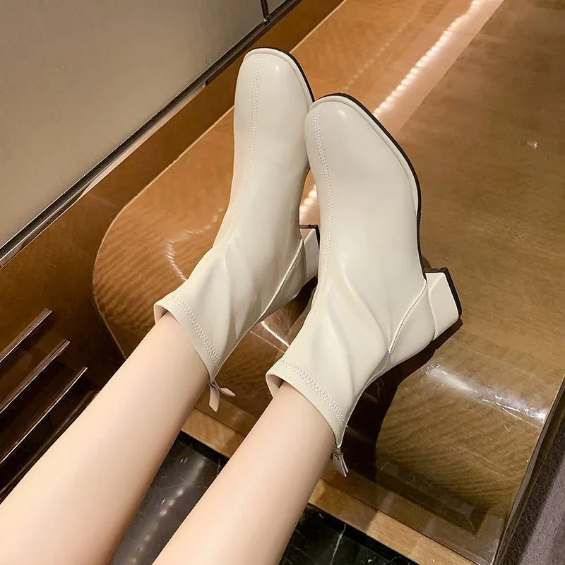 Elastic Socks Boots Fashion Ankle Boots Women High Heel Thicks Heel Square Toe Short Boots Women Retro 2023 New Ladies Shoes