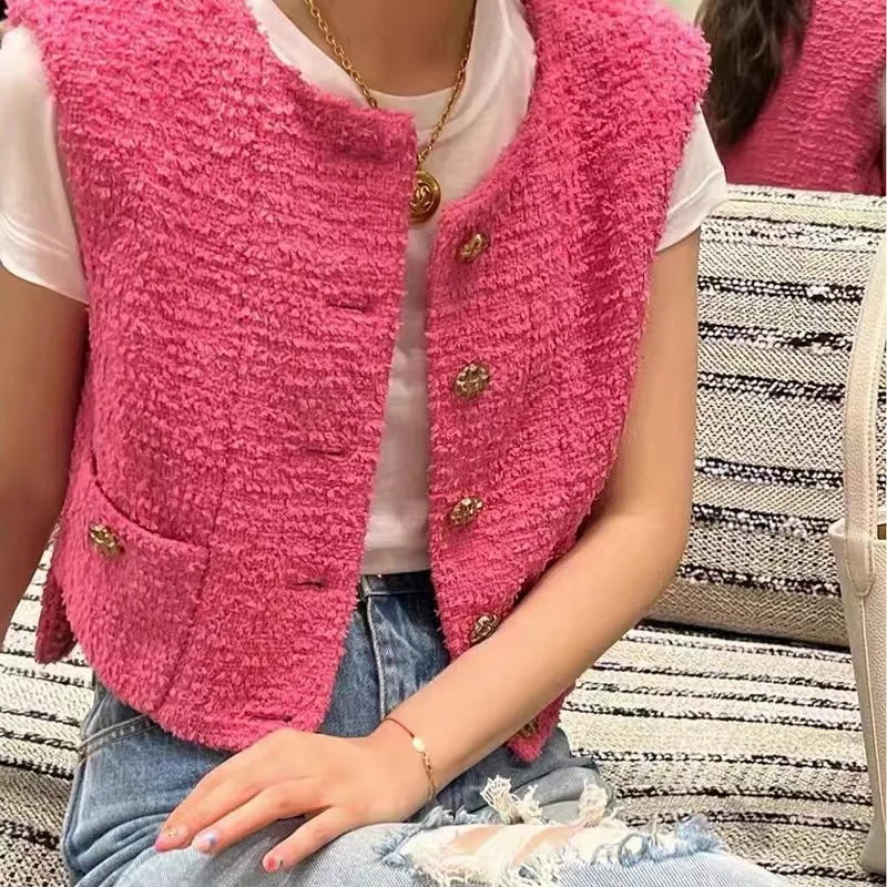 

Spring Summer New Tweed Sleeveless Fragrant Vest Women Knitting Sweater Short Single Breasted Fashion Waistcoat