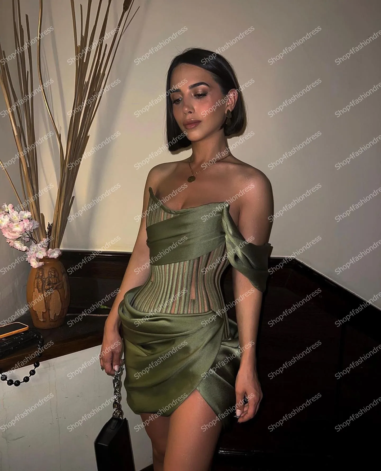 One Shoulder Army Green Satin Cocktail Dresses Sexy Taffeta Draped Mini Formal Party Dress Cheap Short Cocktail Gowns