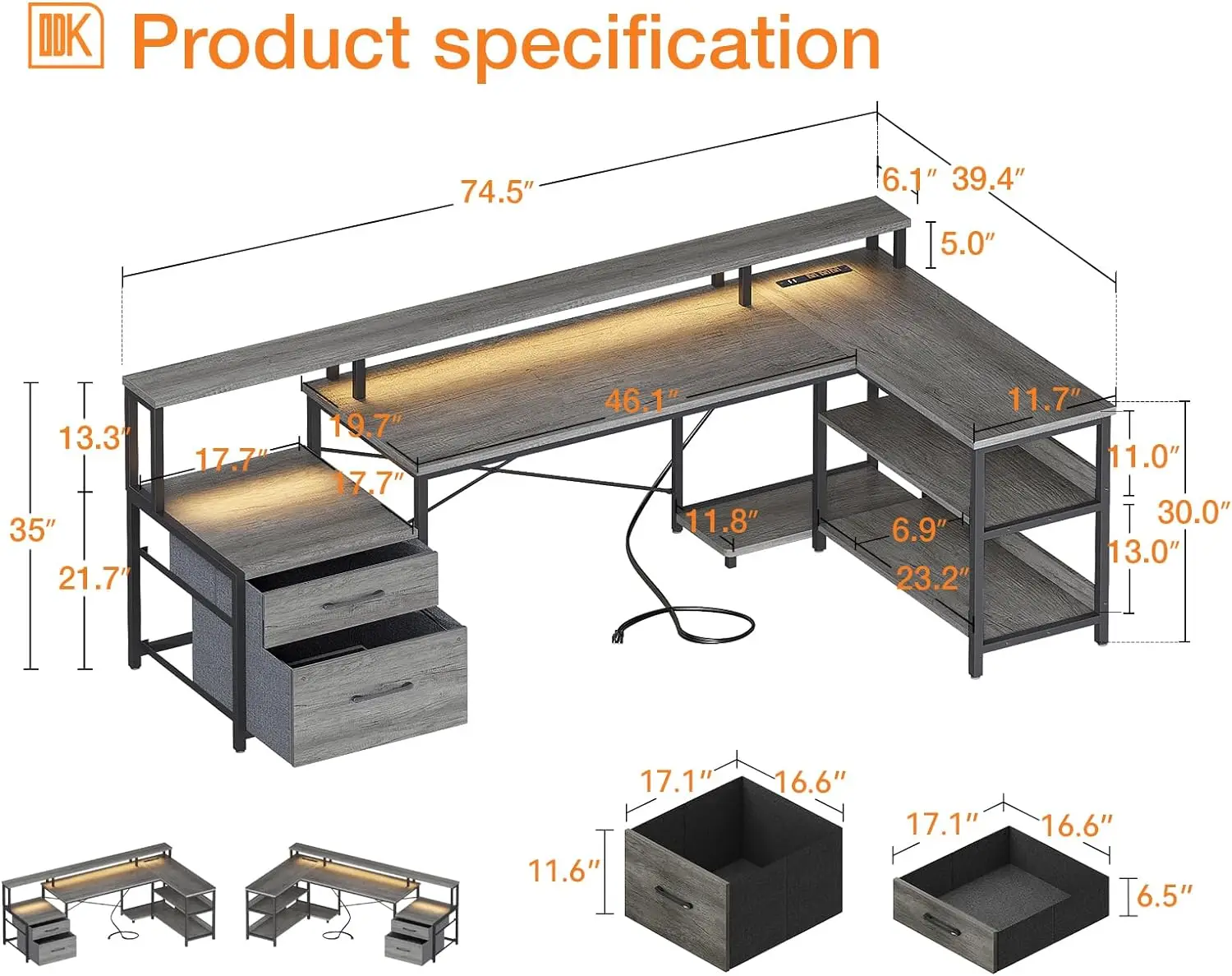 Bureau en forme de L avec classeur, bureau d'ordinateur de forme réversible avec prise de courant et bande LED, bureau avec étagères de rangement