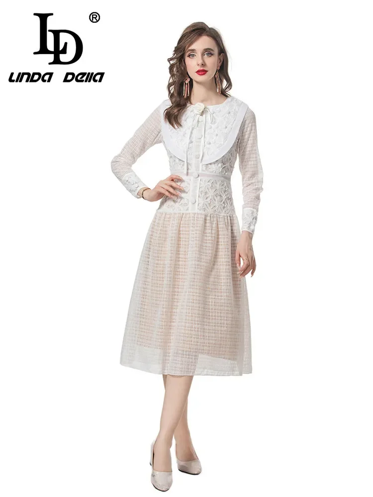 

LD LINDA DELLA Summer Runway Fashion Dress Women's Vintage Appliques Embroidery Button Plaid Temperament Medium Length Dresses