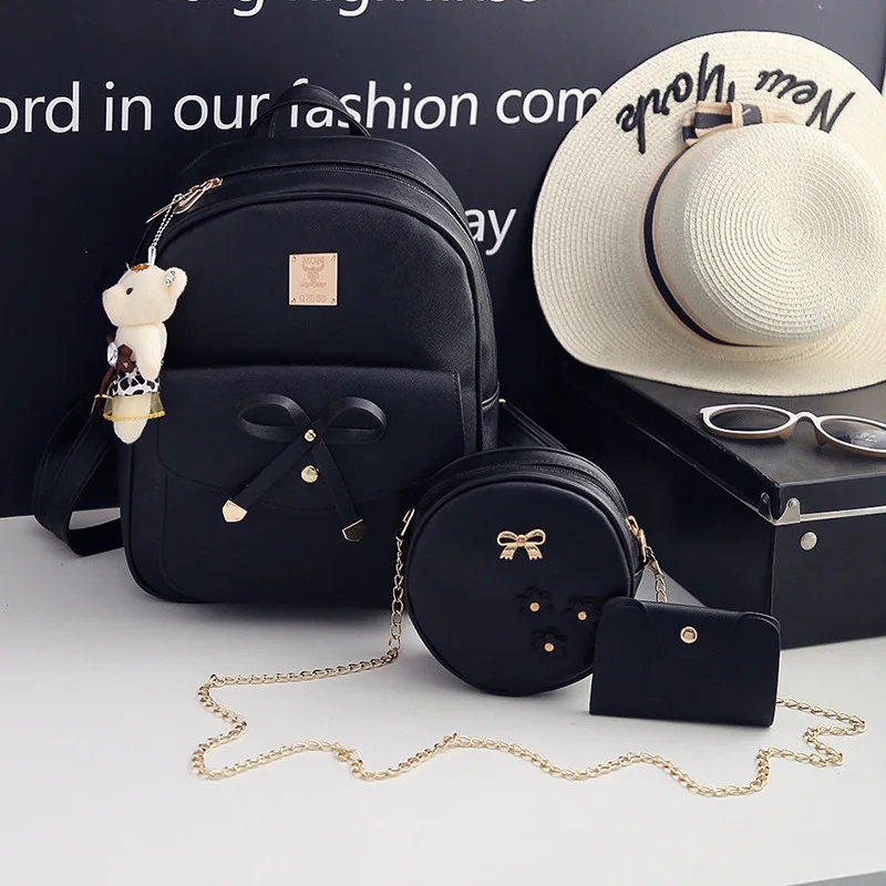 Korean Fashion Women\'s Bags PU Bow Composite Bag Young Girl Student Cute Shoulders Backpack Crossbody Bag Coin Purse 3pcs Set