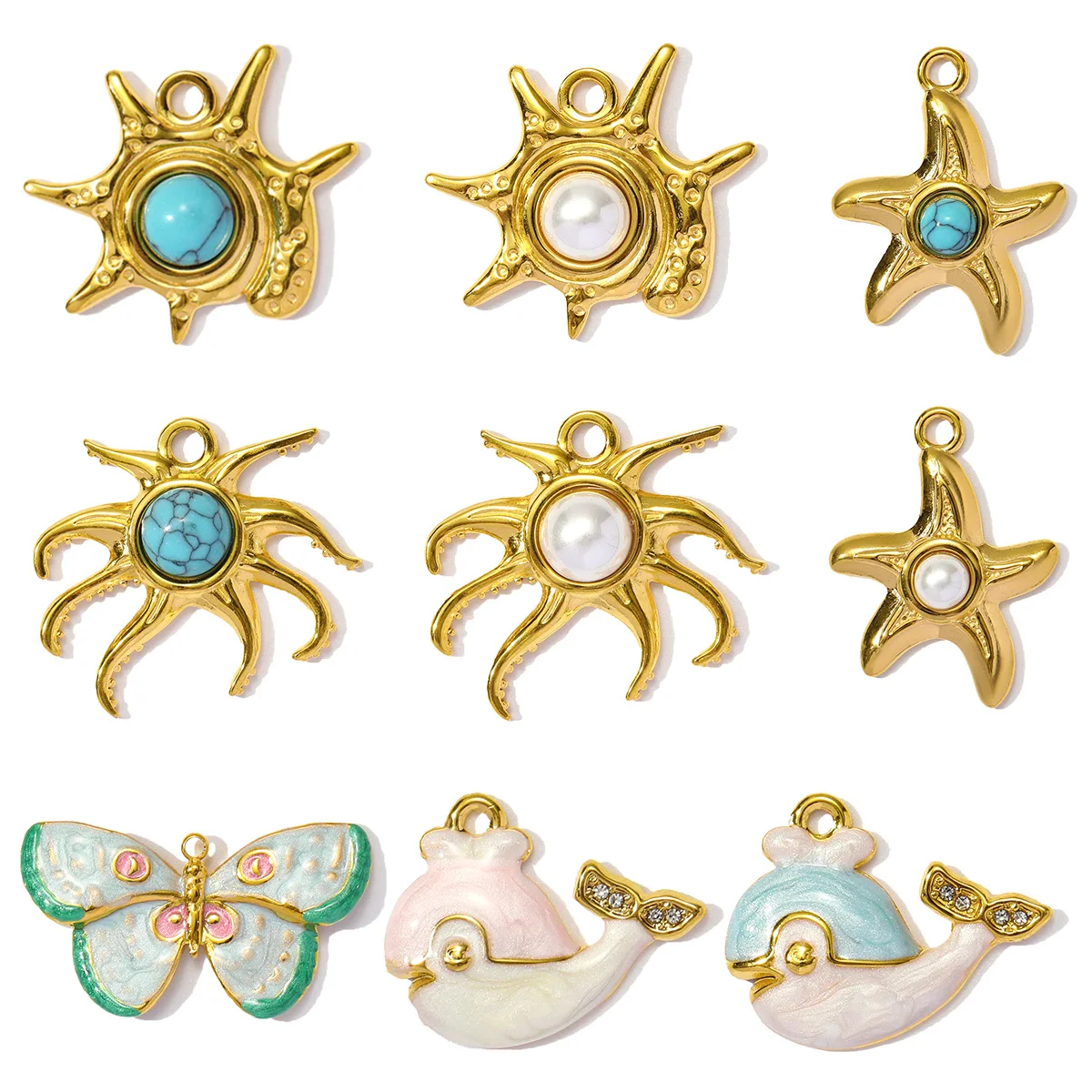 

3pcs/Lot Stainless Steel Conch Starfish Pendants Charms Natural Stone for DIY Jewelry Making Necklace Accessory Wholesale