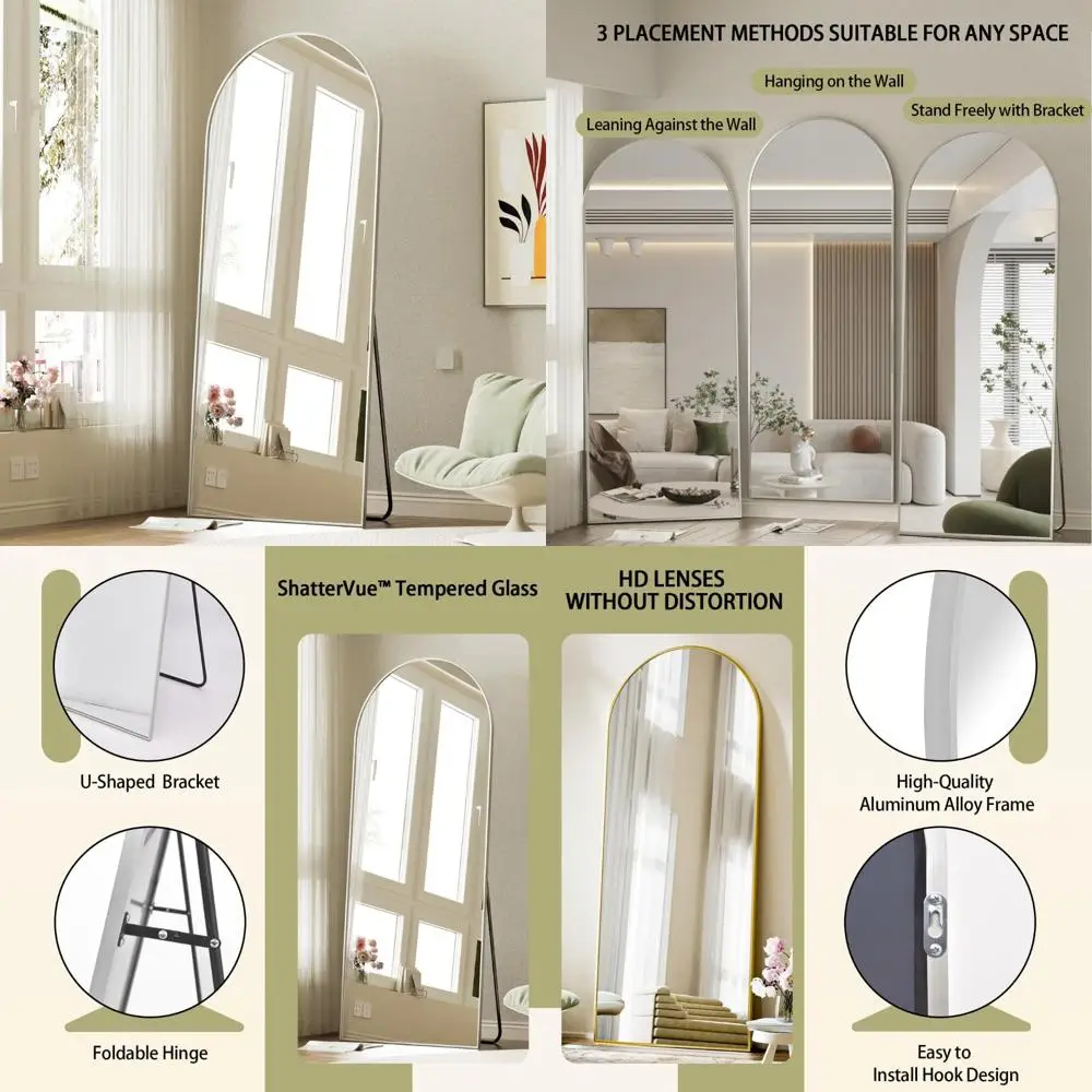 Espelho de chão de comprimento total com parte superior arqueada, 71 x 26 polegadas, inclinado ou pendurado, espelho de parede do quarto com suporte