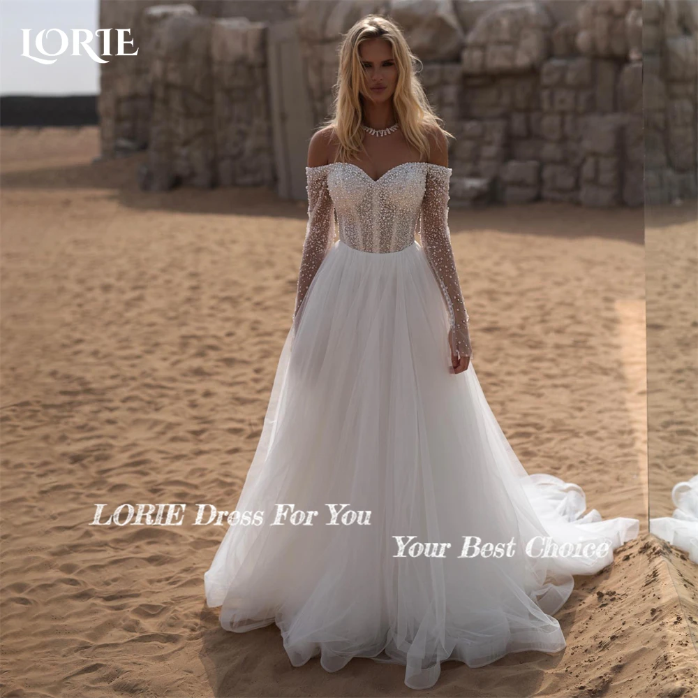 LORIE Elegant Glitter Lace Wedding Dresses Off Shoulder A-Line V-Neck Sequins Bridal Gowns Backless Sparkly Princess Bride Dress