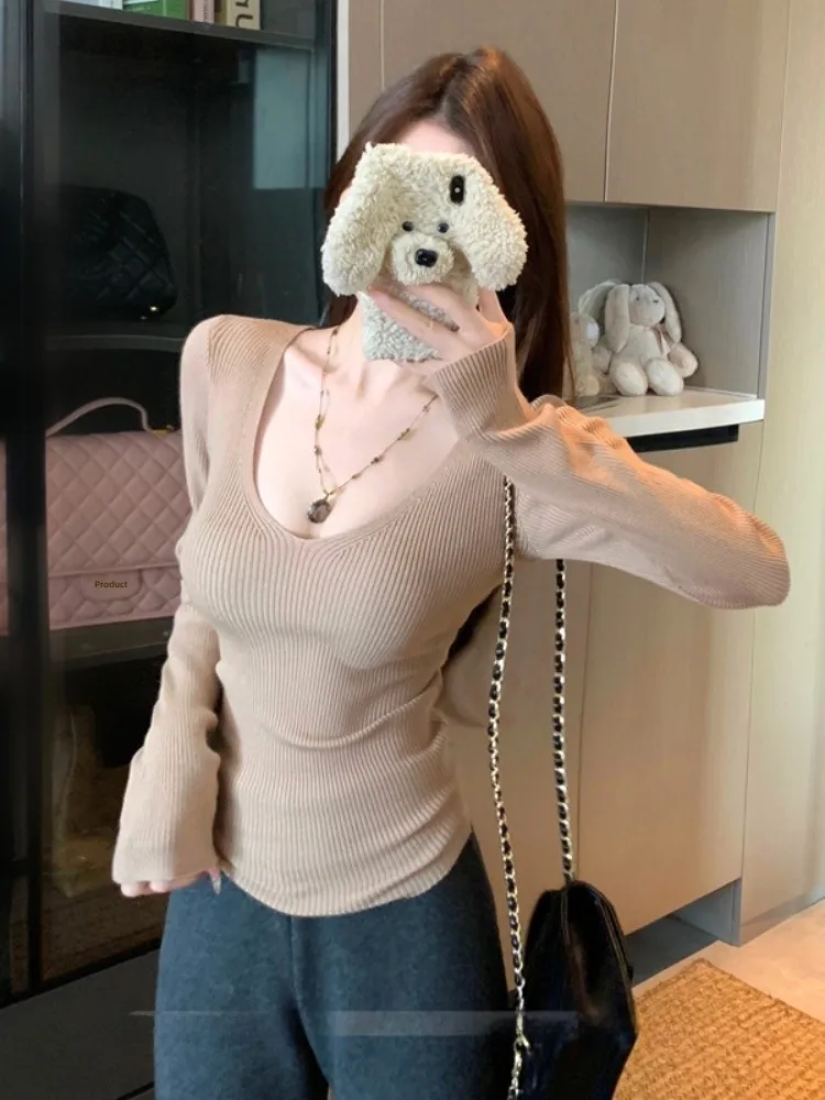 

Korean Style V-Neck Knitted Base Shirt Women's Autumn Winter Slimming Casual Versatile Fashionable Inner Wear Top