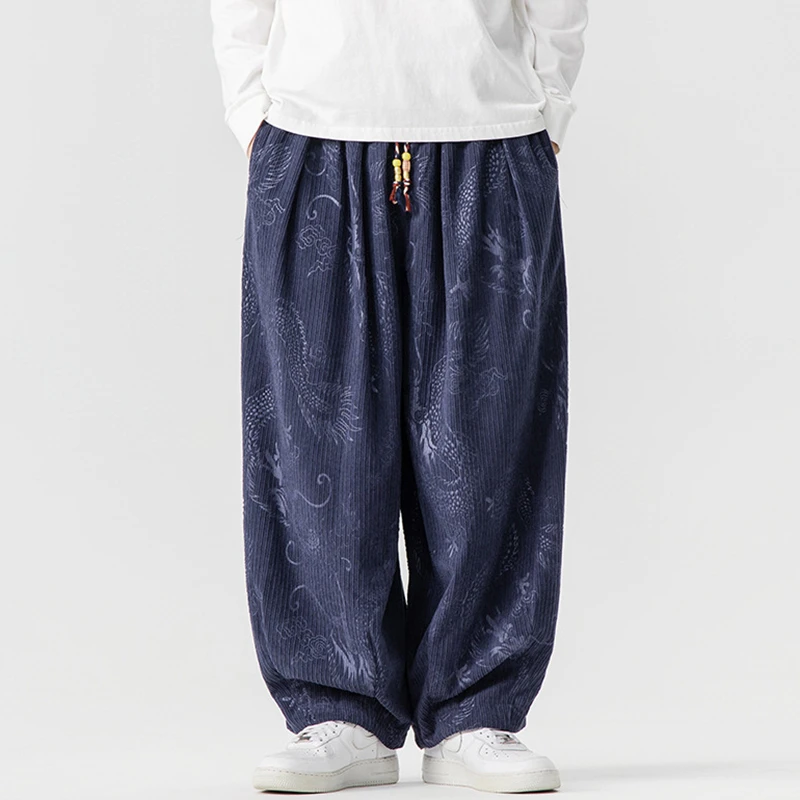 

Мужские повседневные брюки-шаровары, новинка 2026 года, весенние, в китайском стиле, с винтажным принтом, свободные, удобные, женские вельветовые брюки N026