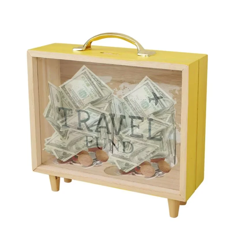 

Money Saving Jar Travel Fund Piggy Bank Wooden Suitcase Bank Counting Money Jar Funny Money Bank Desktop Decor for House Warming