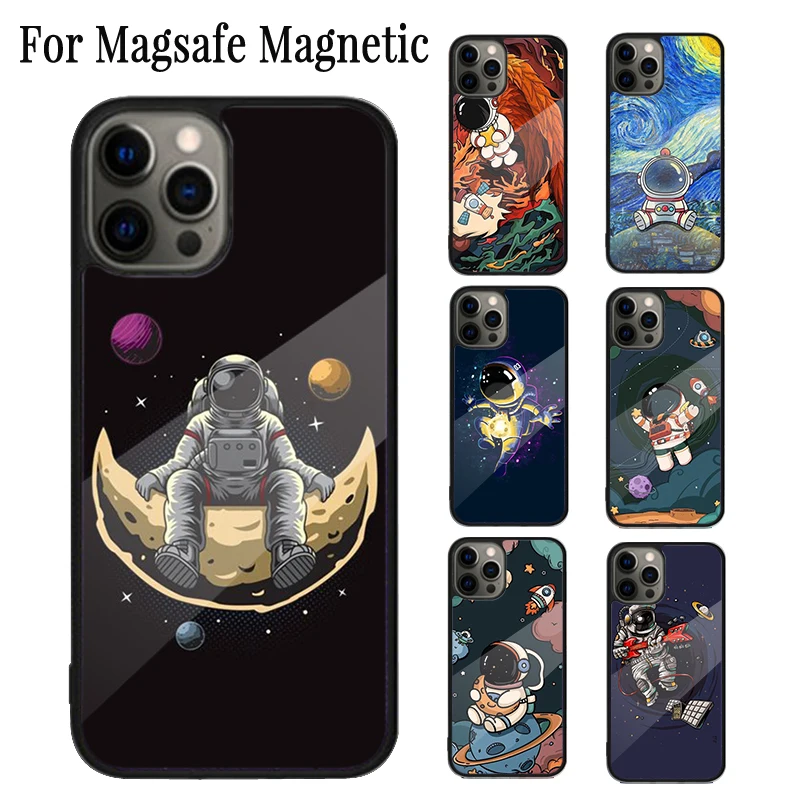 Astronaut Spaceship Magnetic Phone Case Coque For iPhone 16 15 14 Plus 13 12 Mini 11 Pro Max Magsafe Wireless Charging Cover