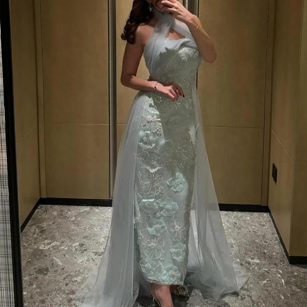 

Customized Exquisite Appliques Crystal Strapless Ankle Length Straight Evening Dress Satin Sleeveless Embroidery платье вечернее