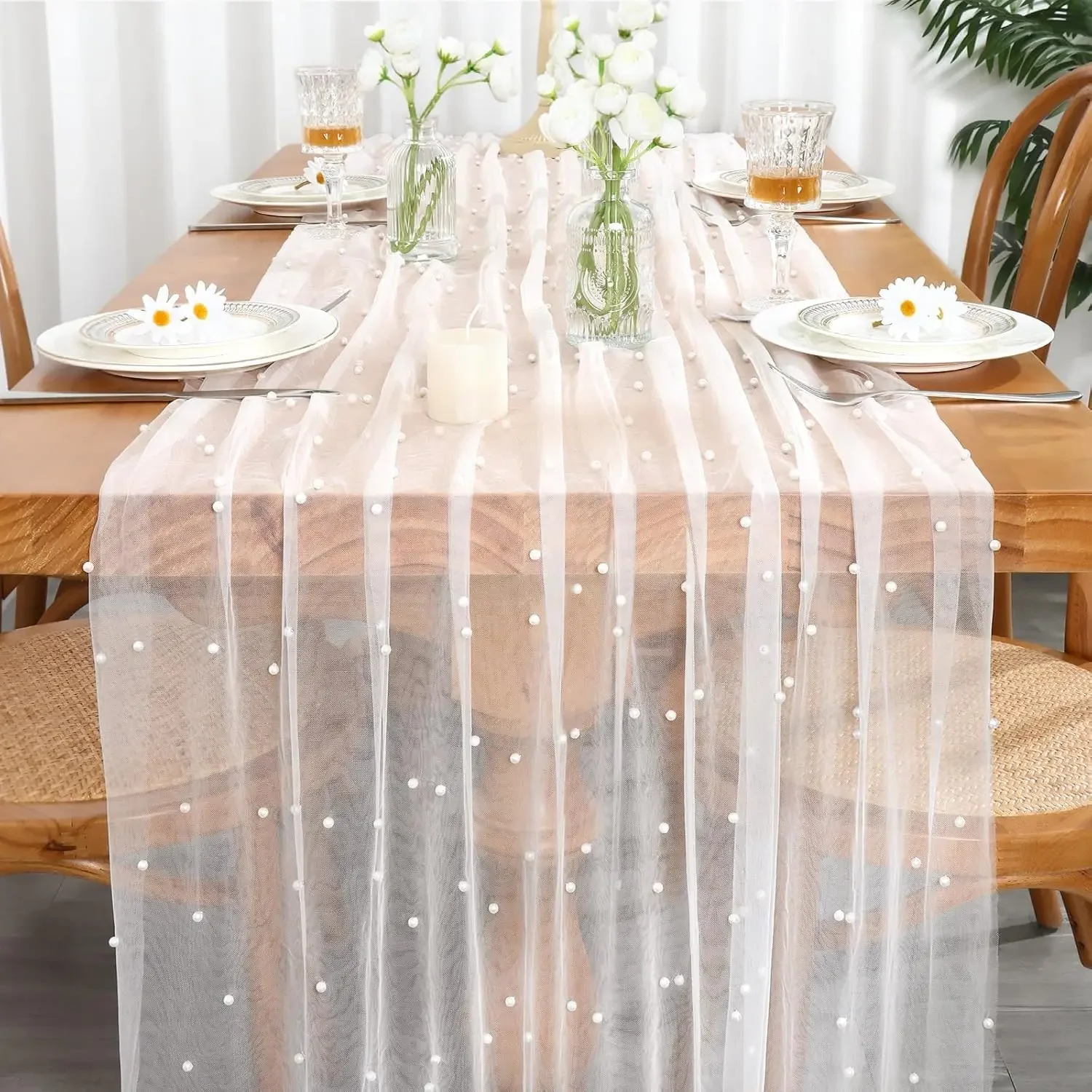 4/6/8Pcs Pearl Table Runner 10ft, 29 x 120 Inch Table Cloth Pearl Sheer Tulle for Wedding Party Baby Shower Birthday Home Decor
