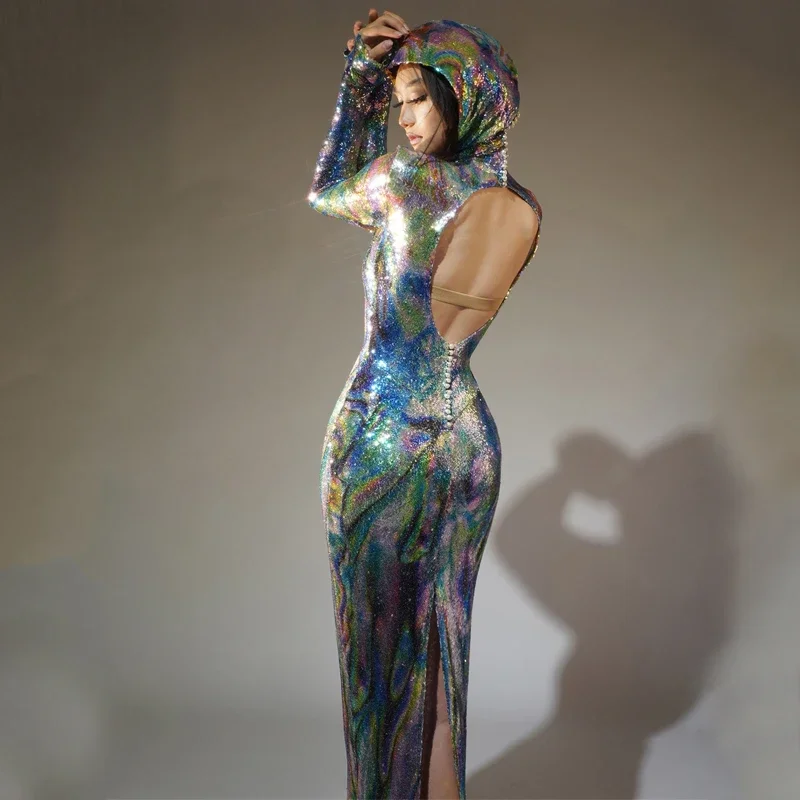 Pailletten Jurk Met Capuchon Dames Laser Rave Wear Party Outfit Avondjurken Stage Gogo Danskostuum