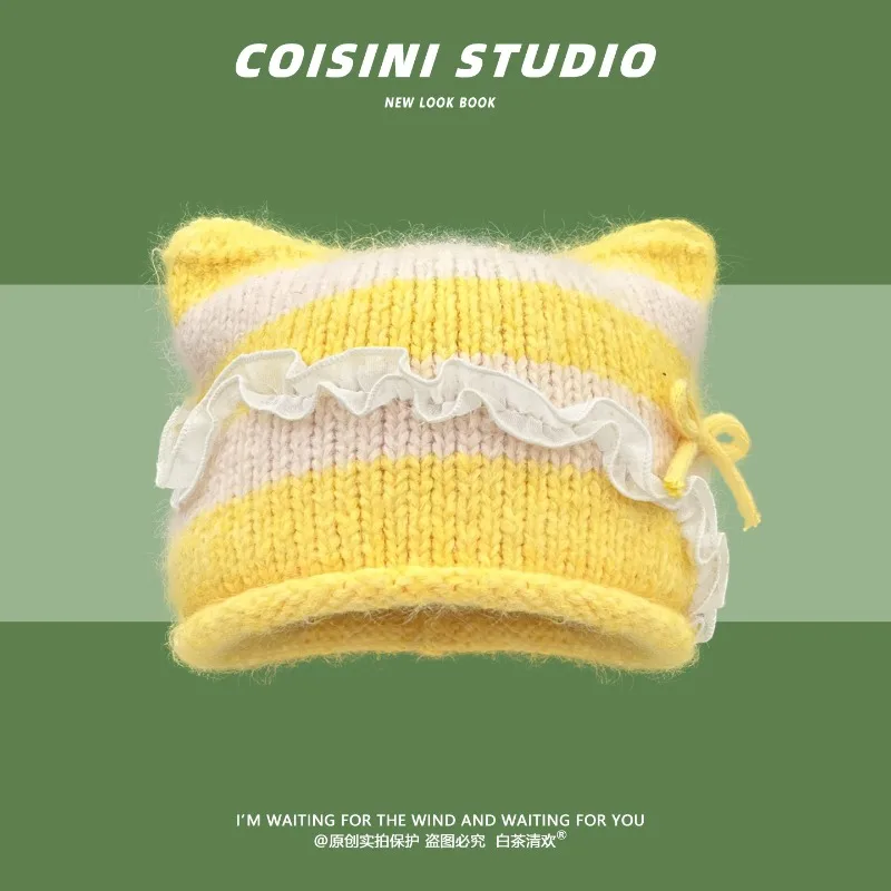Koreanische Ins Süße Strickmütze mit Katzenohren und gestreiftem Spitzenrand für Damen, Herbst/Winter, Y2K, warme und modische Skull-Beanie-Mützen – Detail 3