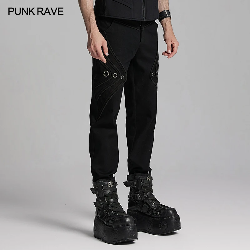 PUNK RAVE ผู้ชาย Punk 3D Patchwork ออกแบบตาไก่โลหะหล่อกางเกง Party Club กางเกงสีดําผู้ชายเสื้อผ้า Streetwear ผู้ชาย