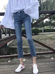 하이웨이스트 슬림핏 여성 청바지 한국 스타일 스트레이트 레그 코튼 스트레치 데님 미드라이즈 스플릿 하이웨이스트 엘라스틱 슬리밍 숏 사이즈