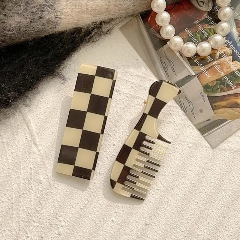 2024 New Chessboard Plaid Cropped Hair Clip Female Forehead Seamless Bangs Clip Small Comb Hairpin Side Clip Headwear