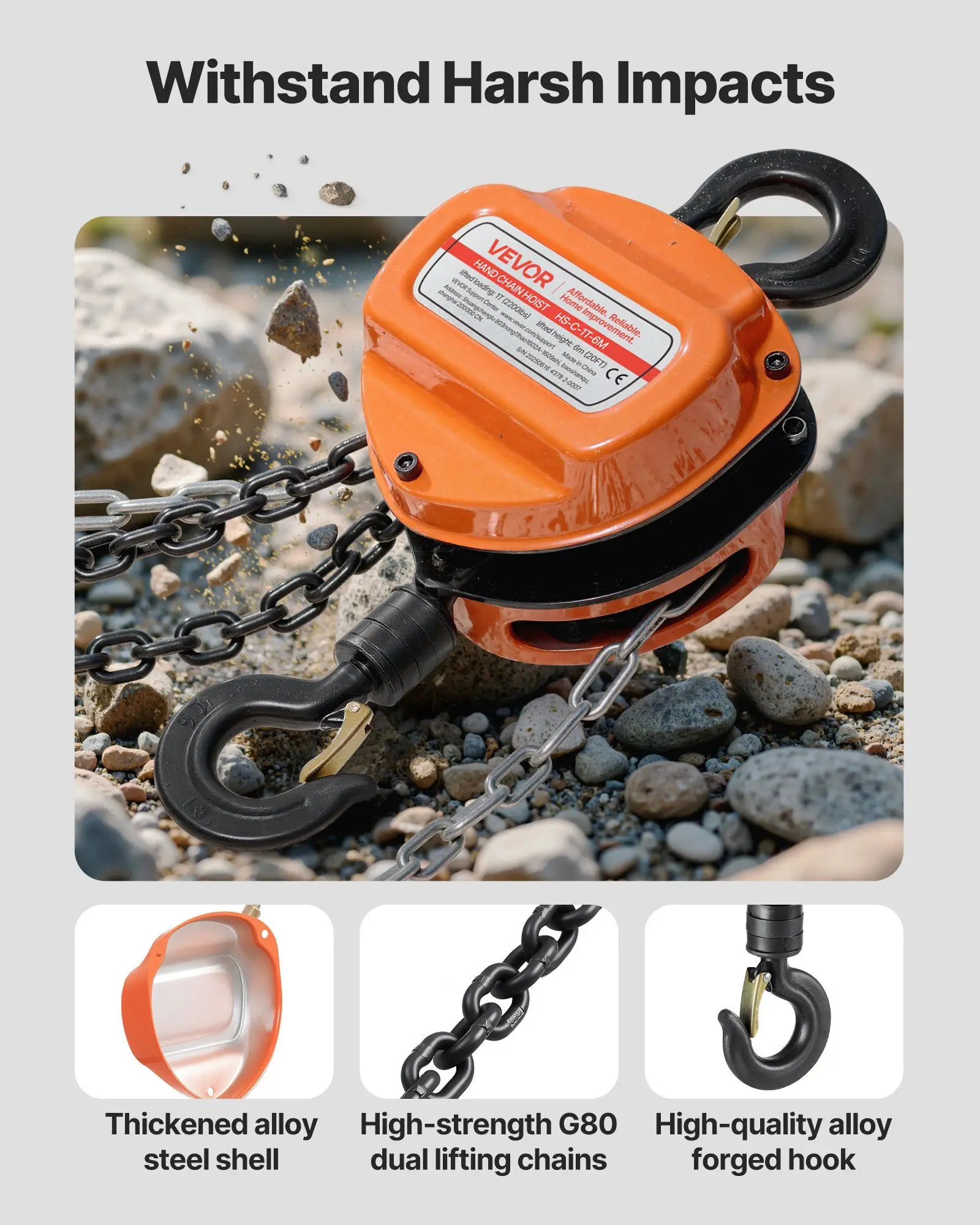 Bloczek ręczny 2200 lb z łańcuchem, wysokość podnoszenia 6 metrów, ręczny bloczek z łańcuchem G80, wytrzymała konstrukcja ze stali stopowej, kolor pomarańczowy.