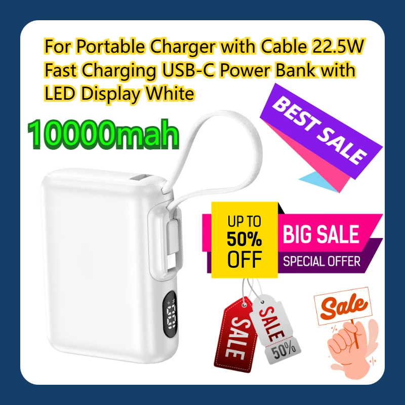 

For Portable Charger with Cable 10000mAh 22.5W Fast Charging USB-C Power Bank with LED Display White