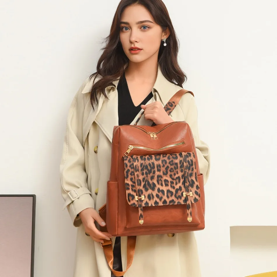 Bolsa feminina vintage de couro de alta qualidade mochila casual leopardo impressão mochila grande capacidade saco de compras para mulher 2025