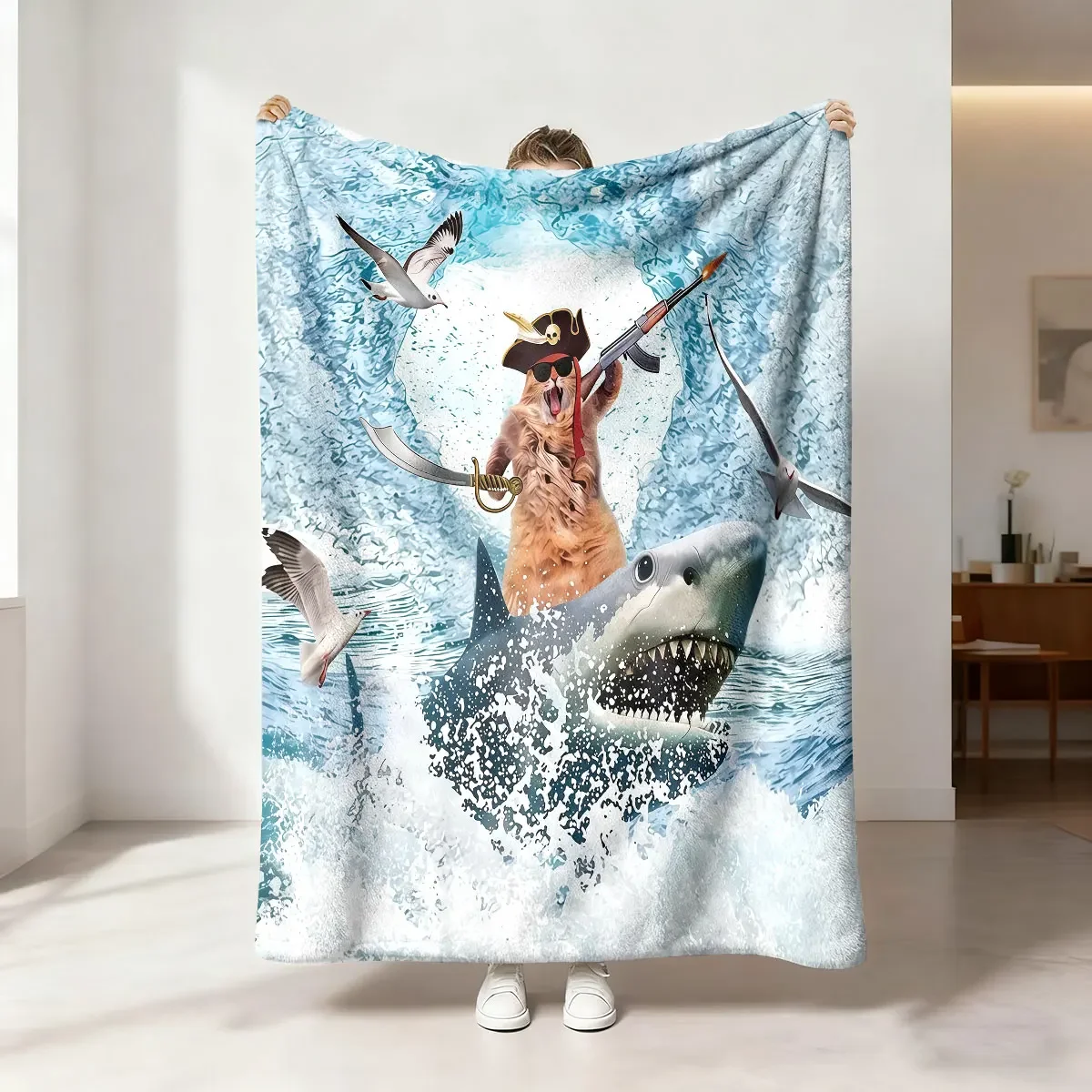 Funny Shark Pirate Adventure Throw Blanket Beach Ocean Animal Cartoon Gift for Kids Home Decor